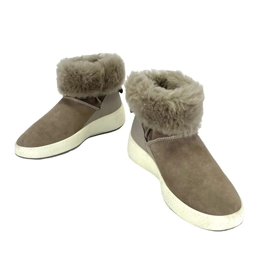 Ecco Women Taupe Winter Boot Size 5-5.5 Leather Shearling Lined Foldable Bootie